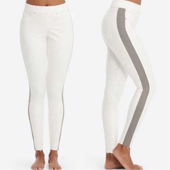 Spanx Side Stripe High Rise Skinny Jean Raw Hem White Gray - Picture 9 of 14